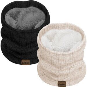 Women's (black+ Beige) Scarf Winter Double-Layer Neck Warmer Knit Fleece 2Pack